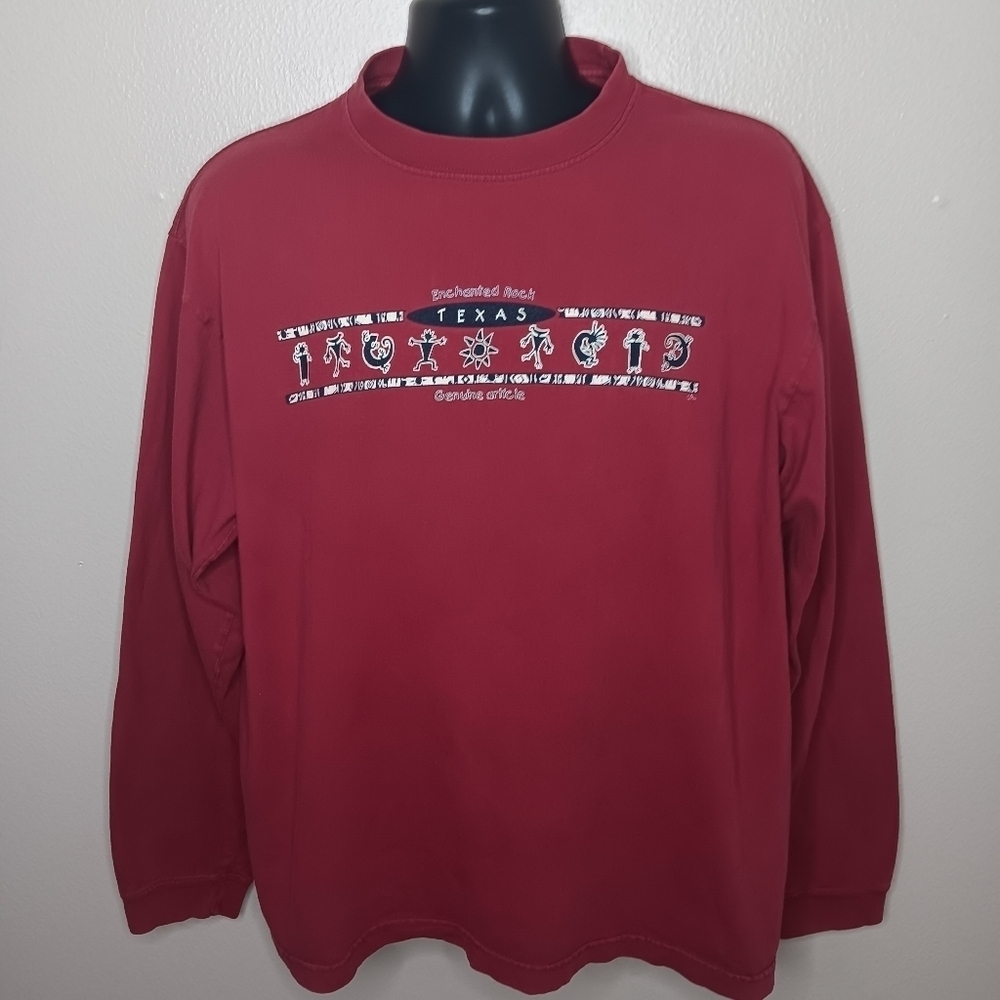 VTG 90s Texas Enchanted Rock Adult Large T-shirt Long Sleeve Red Tribal PSI USA
